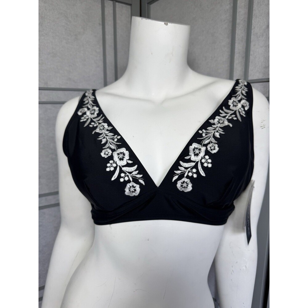 NWT Aqua Couture Black Bikini Top Medium White Floral Embroidery Adjustable Stra